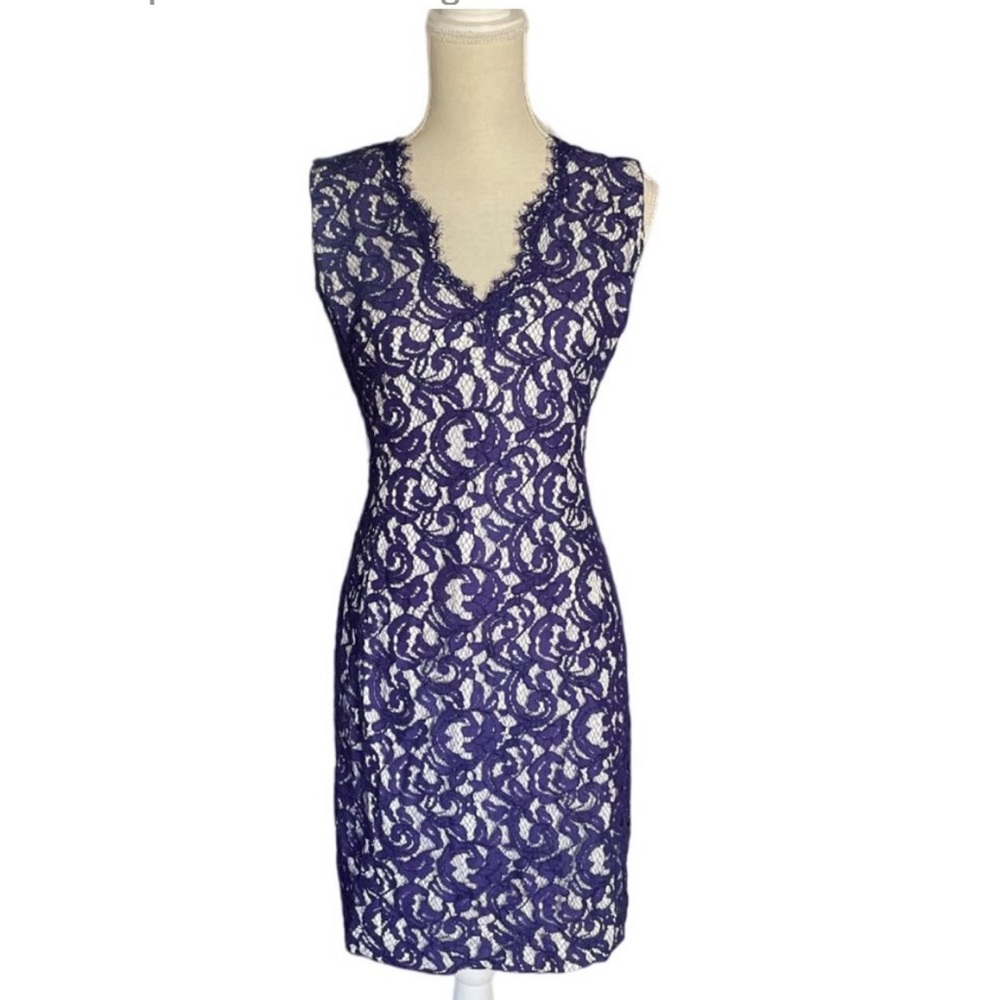 Tadashi Shoji Lace V-Neck Dress purple white size 6 excellent condition